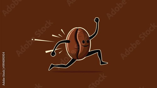 Happy little coffee bean character with arms and legs runs energetically across a dark brown background in a fun morning illustration.