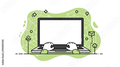 Hands type on a white laptop screen that is integrated into a large green spiderweb with various digital communication icons.