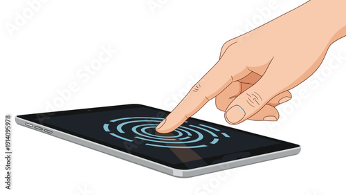 Large hand uses a finger to touch a glowing concentric circle interface on the screen of a modern slim digital tablet.