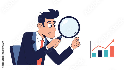 Worried businessman in a suit looks closely at a rising bar graph through a large magnifying glass for detailed financial analysis.
