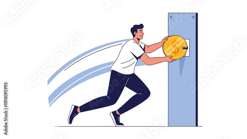 Active man in a white t-shirt and dark pants quickly inserts a large gold dollar coin into a slot on a blue wall or machine.