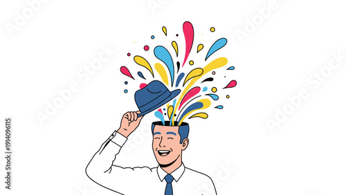 Happy man lifts his hat to reveal colorful splashes and droplets erupting from his head in a vibrant illustration of creative ideas.