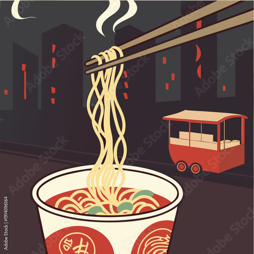 Street Cart Style Spicy Noodles With Steam And Sauce Motion Illustration