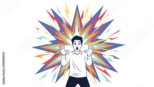 Surprised man reacts to a sudden shock or inspiration against a background of vibrant colorful lightning bolts and energetic sparks.