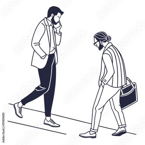 Two men walking on a sidewalk