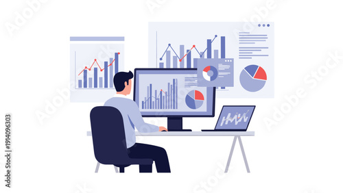 Data analyst from behind interacting with multiple floating digital business charts and graphs for comprehensive performance monitoring.