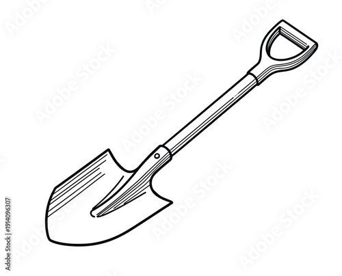  Illustration of a shovel with a pointed blade and D-shaped handle. The line art emphasizes its detailed contours, conveying a simple, practical feel.
