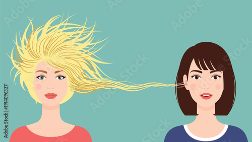 Conceptual art shows two women with their hair connected, representing shared secrets, sisterhood, or telepathic mental communication.