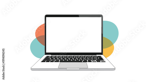 Open laptop with a blank white screen sits in front of colorful abstract shapes, perfect for displaying digital content or design work.