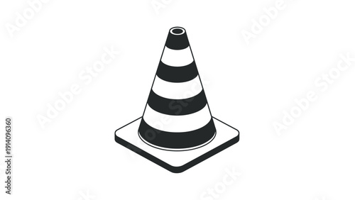Simple traffic cone with black and white stripes stands as a symbol for road safety, construction zones, and navigation warnings.