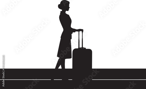 Black silhouette of a woman with a suitcase on a runway