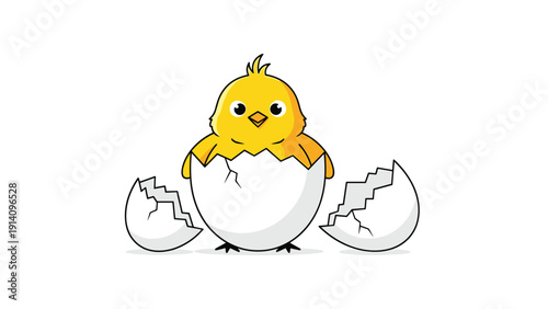 Tiny yellow baby chick hatches from its white eggshell on a clean background, symbolizing birth, new beginnings, and springtime life.