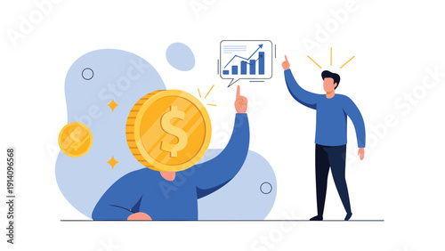 Financial concept shows a person with a coin head discussing business growth charts with a man, representing investment and wealth.