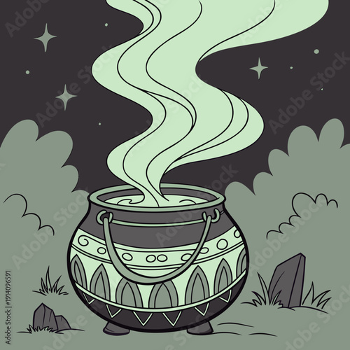 A cauldron emitting green smoke under a starry night sky