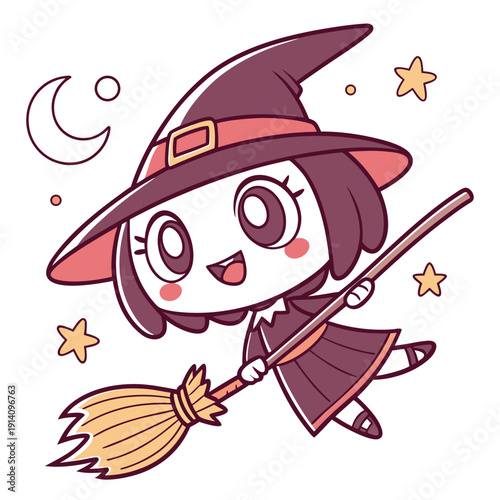 A cute cartoon witch flying on her broomstick