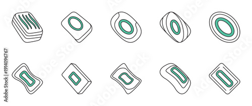 Ten icons showing various soap bar shapes. Teal centers suggest moisturizing cores. Great for bath product branding and hygiene-related visuals.