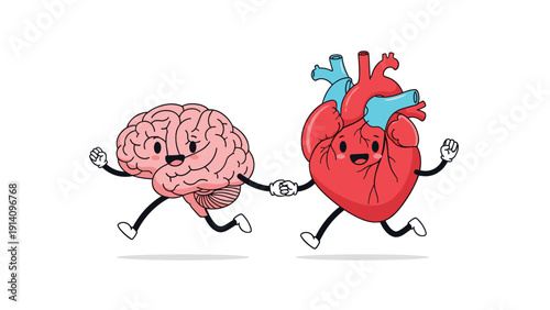 Adorable cartoon characters of a pink brain and red heart running together hand in hand to show the balance between logic and emotion.