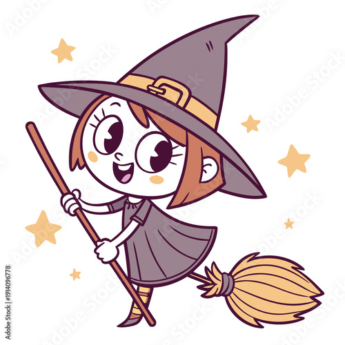 A cartoon witch flying on a broomstick with stars
