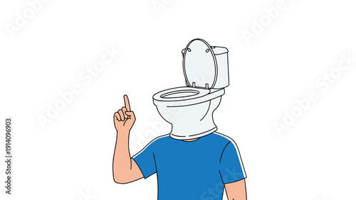 Bizarre conceptual illustration of a man with a white porcelain toilet for a head pointing his index finger up as if he has an idea.