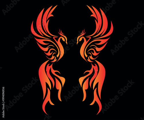 Golden and Red Phoenix Birds Facing Each Other – Mythical Firebird Vector on Black Background