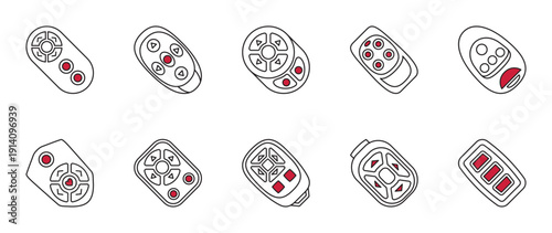 This set depicts ten remote controls and key fobs. Red buttons add a pop of color. Useful for security systems or automotive services.