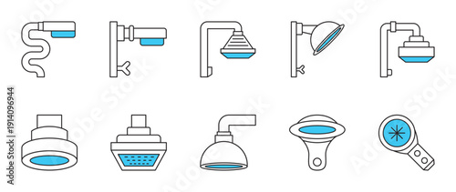 Ten icons of wall and shower heads. Blue highlights show water flow. Perfect for plumbing services or bathroom hardware shops.