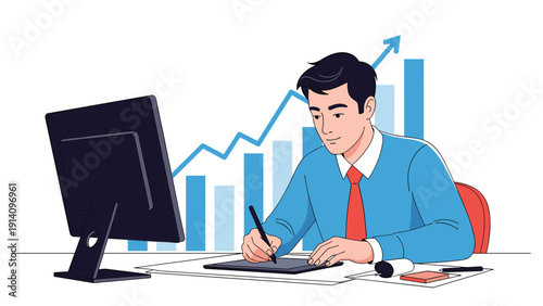 Focused man working at his office desk with a large computer monitor and a rising blue bar chart with an arrow showing business success.
