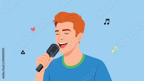 Happy young man with orange hair singing passionately into a classic vintage microphone with musical notes and hearts floating around him.