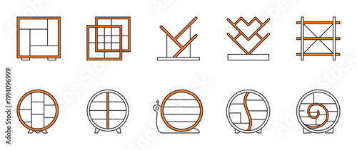 Creative icons showing abstract shelving units. Orange frames highlight the structure. Great for modern storage and furniture designs.