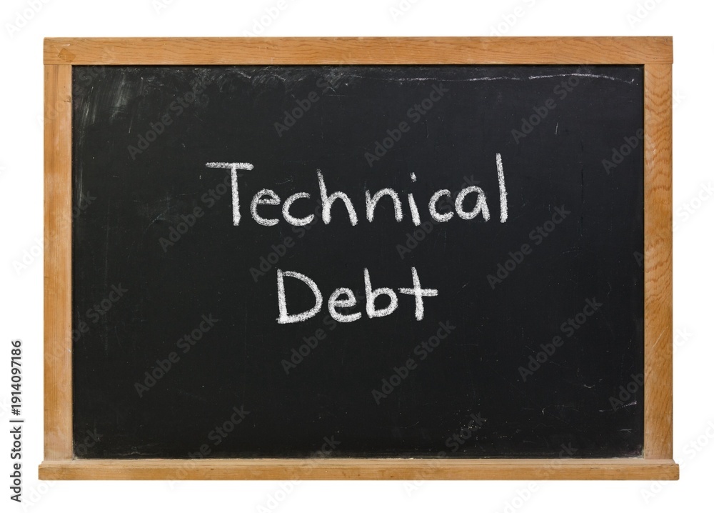 Fototapeta premium Technical Debt hand written in white chalk on a black chalkboard isolated on white in a wooden frame