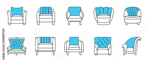 This set features ten line-art icons of stylish armchairs and accent chairs. The blue seats highlight comfort, perfect for furniture apps.