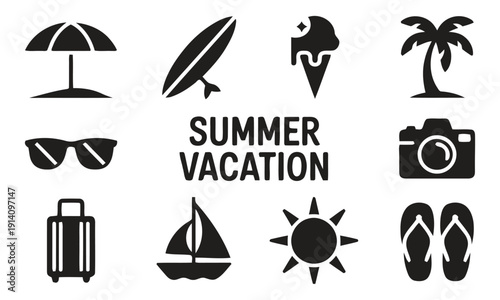 Summer vacation icons set featuring beach umbrella surfboard ice cream palm tree sunglasses camera suitcase sailboat sun and flip flops
