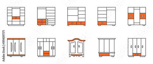 Ten icons of wardrobes and storage units. Orange panels highlight drawers. Perfect for bedroom furniture catalogs and home organization layouts.