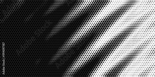 Black seamless hexagon texture. Repeated honeycomb pattern background. Geometric hexagonal halftone tech overlay backdrop. Abstract repeating hex halftone. Vector retro technology dot texure wallpaper