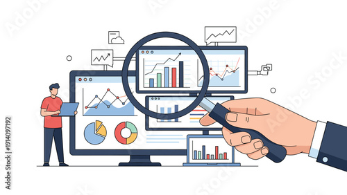 Large hand holding a magnifying glass to inspect detailed financial data and performance charts on a computer screen for a business audit.