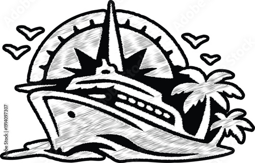 Wanderlust Cruise Adventure Scribble Art: Nautical Compass Ship & Palm Tree Sticker Design