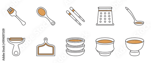 kitchen appliances icon set, Fork, Spoon, Plate, Bowl, Chopsticks, Ladle, Grater, Peeler, Cutting board.