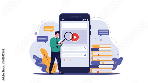 Young man using a magnifying glass to search for educational content on a large smartphone screen next to a tall stack of colorful books.