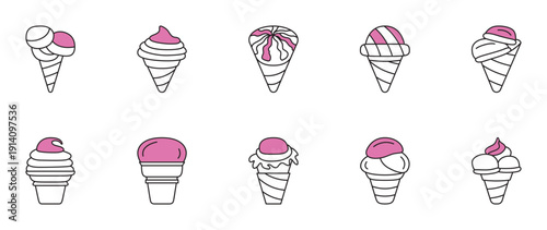 ice cream cone icon set with a pink accent is very appetizing.