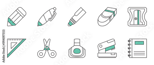 School Stationery icon set. Pencil, Pen, Marker, Eraser, Sharpener, Ruler, Scissors, Stapler, Notebook, with green accents.