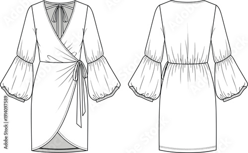 Women balloon sleeve wrap dress technical flat sketch, tie waist mini dress illustration, v neck bodice fashion design template vector, apparel.