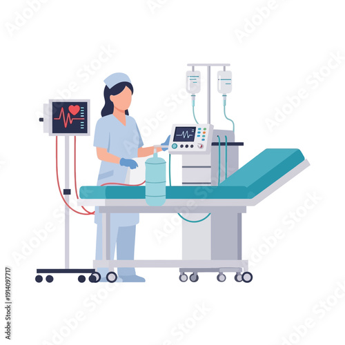 Nurse Operating Medical Equipment Next to Patient Bed.