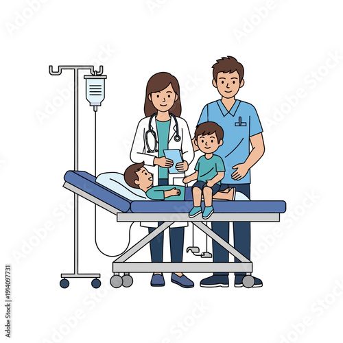 Doctor Nurse And Parents Caring For A Sick Child In Hospital Bed.