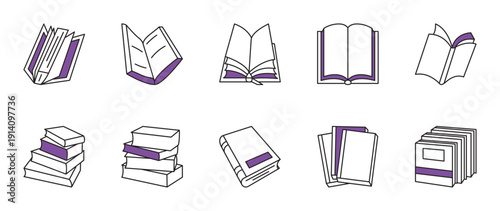 textbook icon set with purple accents and black lines.
