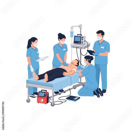 Medical Team Attending to Patient on Gurney with Equipment.