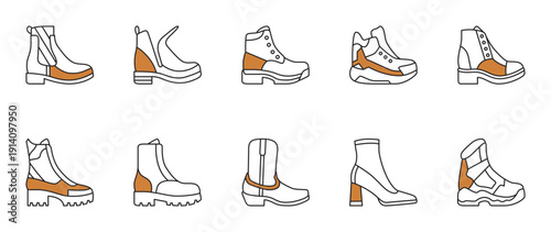 10 different type boots icon set with brown accents and black lines.