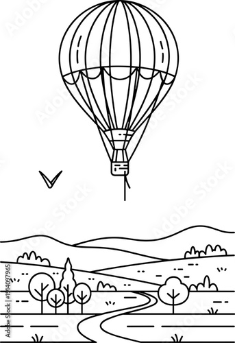 Hot air balloon flying over a landscape with trees and hills
