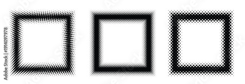 black halftone square frame set dotted gradient border