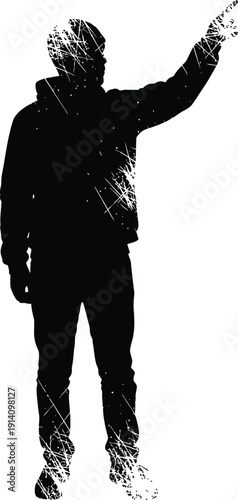 Black Silhouette Man Pointing Upward on White Background