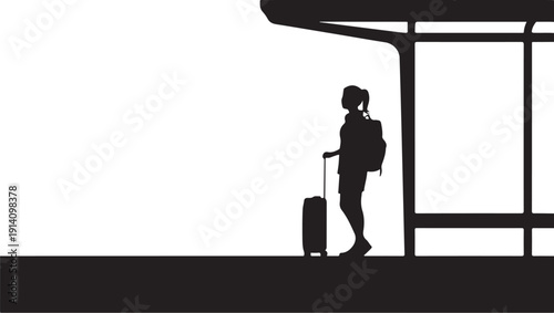 Black silhouette of person with luggage at bus stop